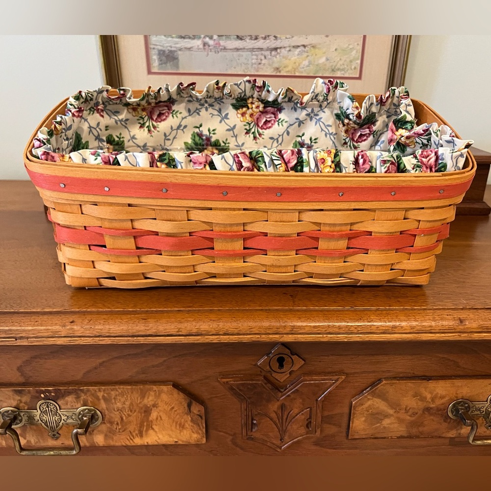 Longaberger Vanity Basket with Roses Liner and two protectors.